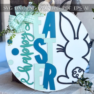 Accroche-porte de Pâques SVG, lapin et lettrage fichier découpé au laser, conception de panneau rond, Glowforge SVG, Xtool, décoration de printemps de ferme