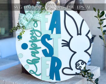 Easter Door Hanger SVG, Bunny and Lettered Laser Cut File, Round Sign Design, Glowforge SVG, Xtool, Farmhouse Spring Decor