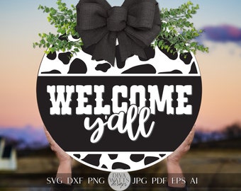 Welcome Y'all SVG Western Cowhide Door Hanger Design Cow Print SVG Welcome SVG Welcome Western svg Cricut svg for Door Hanger Sign svg