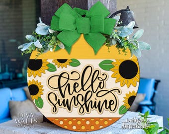 Laser Cut Door Hanger SVG | Hello Sunshine Sign SVG | Sunflower Round Wood Sign Template | Glowforge xTool DIY Digital File Decor
