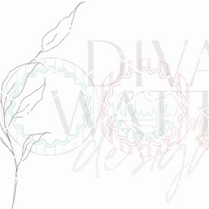 May include: A digital design file featuring a line art botanical branch, a scalloped circular frame, and text that reads "Welcome Hope You Like Dogs" with a bone icon. The image includes a small instructional box labeled "LASER CUTTING INSTRUCTIONS" and the watermark "DIVA WATTS designs" overlaid across the center.