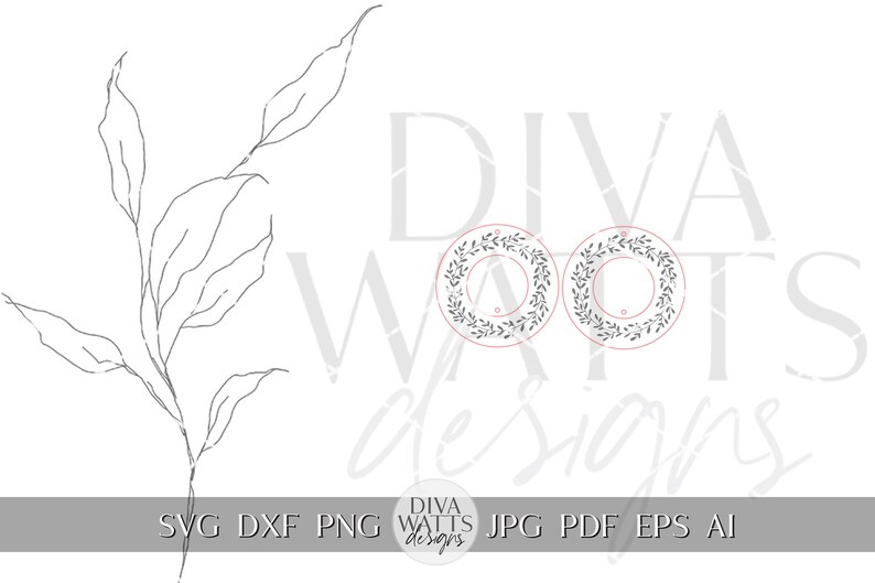 May include: Two black and white wreath designs with a simple leaf pattern. The wreaths are on a white background with the text "Diva Watts Designs" in a gray font.