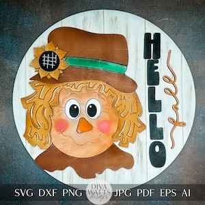 Scarecrow Laser SVG For Glowforge Scarecrow Door Hanger SVG For Fall Front Porch Sign Hello Fall Round Sign SVG For Laser Scarecrow Sign svg