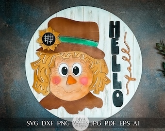 Scarecrow Laser SVG For Glowforge Scarecrow Door Hanger SVG For Fall Front Porch Sign Hello Fall Round Sign SVG For Laser Scarecrow Sign svg