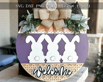 Easter Bunny Welcome Sign SVG, Laser Cut Round Door Hanger, Spring Porch Decor, Bunny Backside Sign, Glowforge Xtool File, DIY Easter Decor