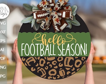 Hello Football Season SVG Door Hanger SVG Football Sign svg Round Sign SVG For Fall Door Hanger svg Football Leopard Print svg For Fall Sign