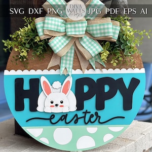 May include: A round wooden sign with a blue background and white polka dots. The sign says "Happy Easter" in black letters with a white bunny peeking out from behind the "H". A green and white gingham bow with burlap accents is attached to the top of the sign.