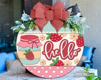 Strawberry Hello Door Hanger SVG | Laser Cut Round Sign Template | DIY Wood Sign Digital File | Glowforge xTool Compatible Cut File