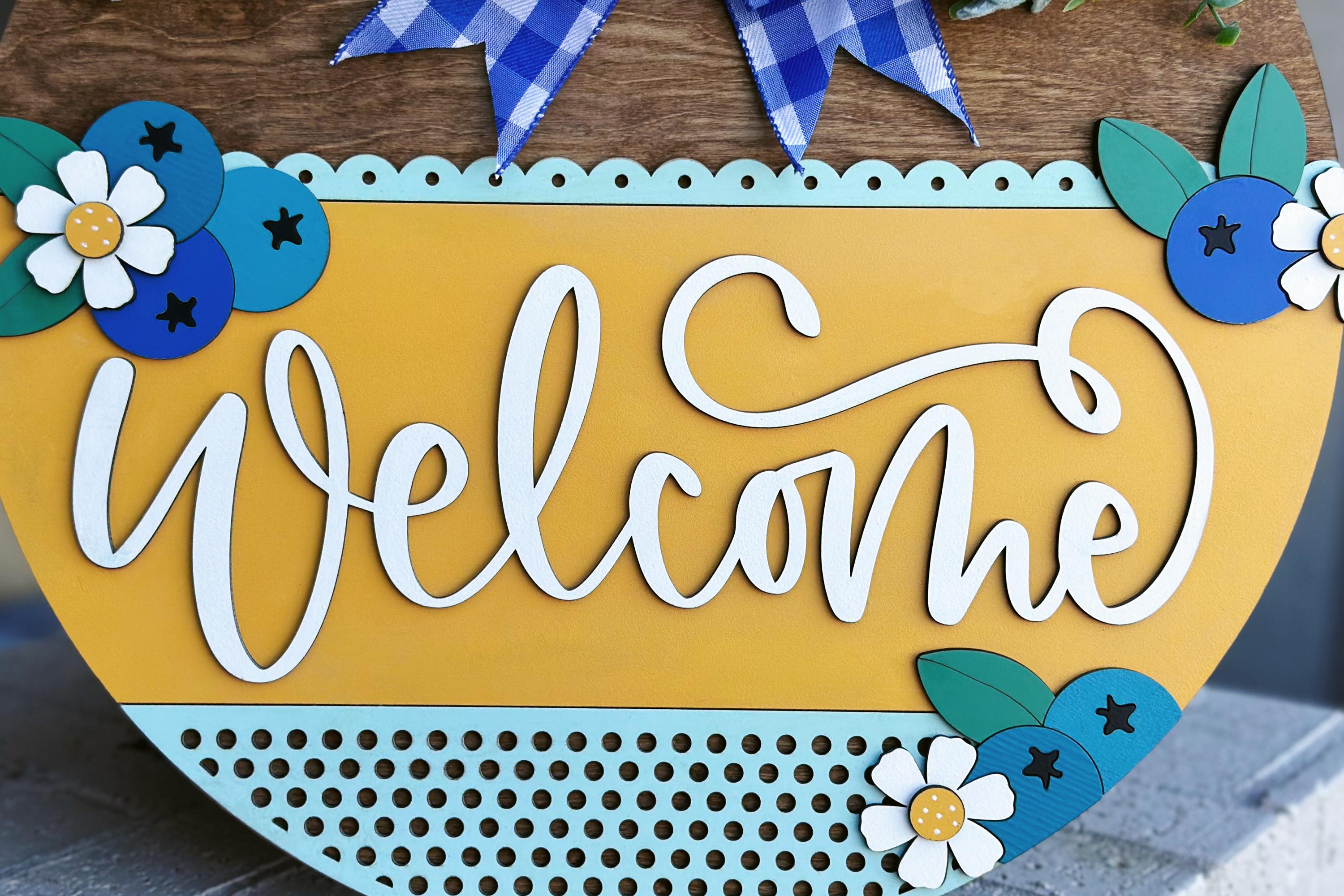 Welcome Sign SVG Laser Cut File, Blueberry and Daisy Door Hanger ...