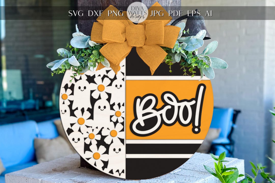 Laser Cut Door Hanger SVG | Boo Ghost Floral Sign SVG | Halloween Round ...