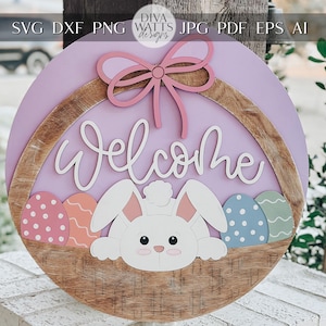 Bem-vindo Coelho Páscoa Cesta Porta Cabide SVG – Camadas Redondas Corte A Laser Arquivo para DIY Decoração de Primavera, Glowforge & Xtool Sinal svg