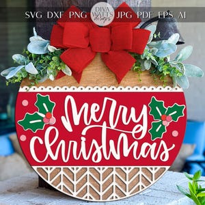 Laser Cut Door Hanger SVG | Merry Christmas Sign | DIY Round Sign Template | Digital SVG for Glowforge xTool | Holiday Porch Decor
