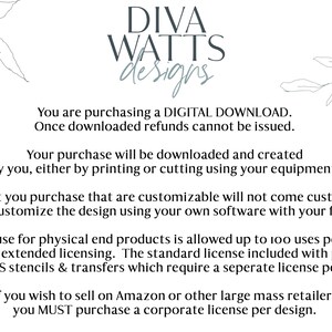 May include: White background with the text "DIVA WATTS designs" in a stylish font. The text is accompanied by floral line art. The text states that the purchase is a digital download and provides licensing information.