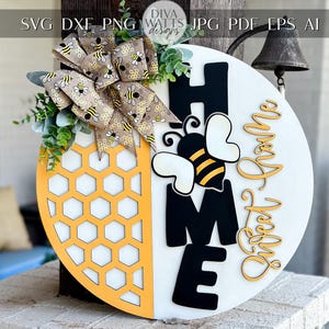 Bee Home Sweet Home SVG Laser File | Honeycomb Round Door Hanger SVG for Laser Cutting | Bumblebee Farmhouse Sign Summer Decor