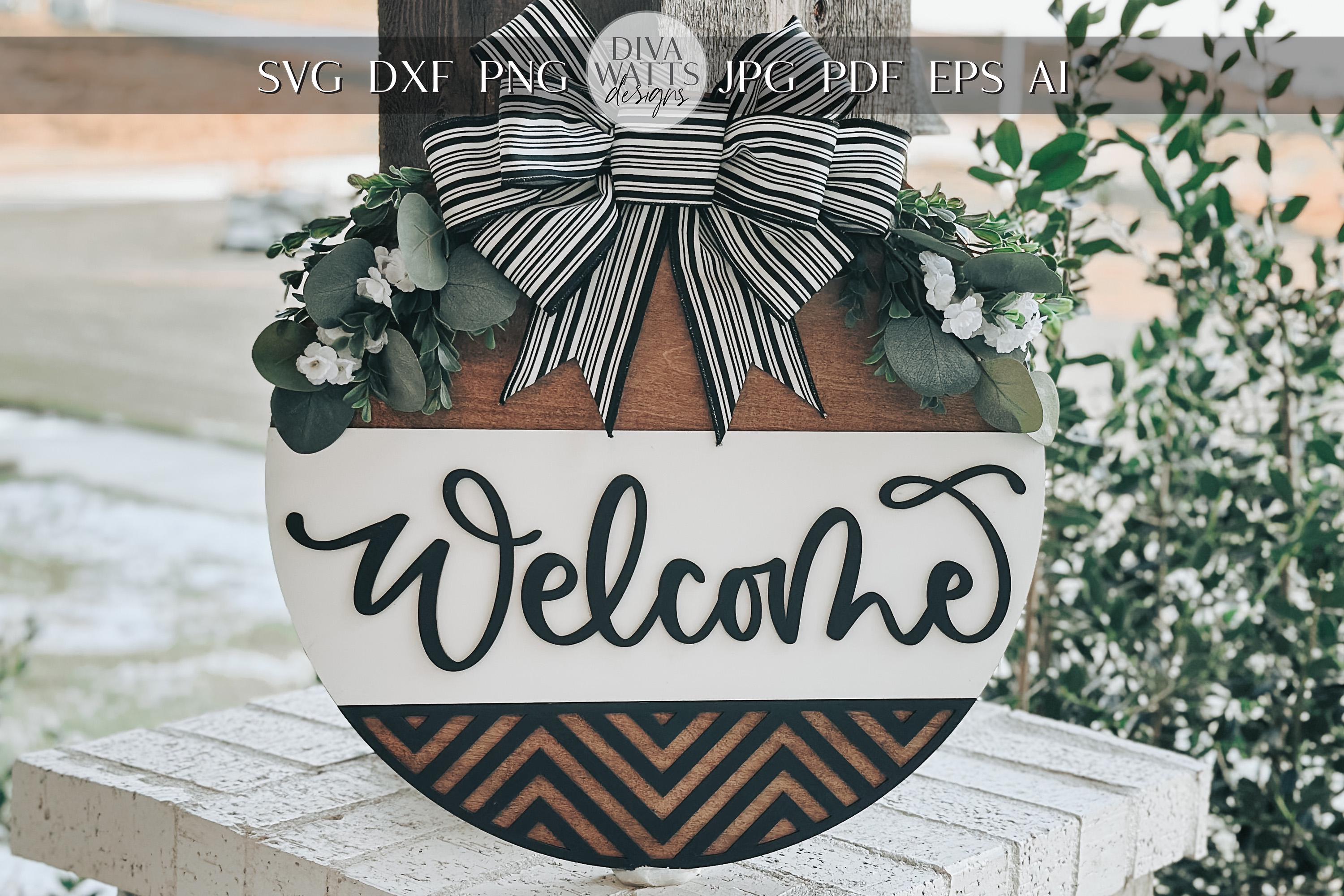 Welcome Door Hanger SVG – Round Layered Laser Cut File for DIY Home Decor, Modern Farmhouse Welcome Sign Template, Geometric Door Hanger svg