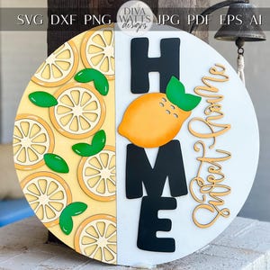 Sticker pour porte citron SVG | Fichier svg signe rond HOME Sweet Home | Modèle bricolage en bois découpé au laser | Décoration d'été compatible avec Glowforge xTool