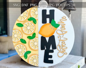 Lemon Door Hanger SVG | HOME Sweet Home Round Sign svg File | DIY Laser Cut Wood Template | Glowforge xTool Compatible Summer Decor
