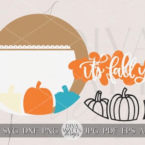 May include: A fall-themed digital design featuring a white bowl with three colorful pumpkins and the phrase "It's fall y'all" in orange and white. The design includes three black pumpkin outlines. The background is a light beige.