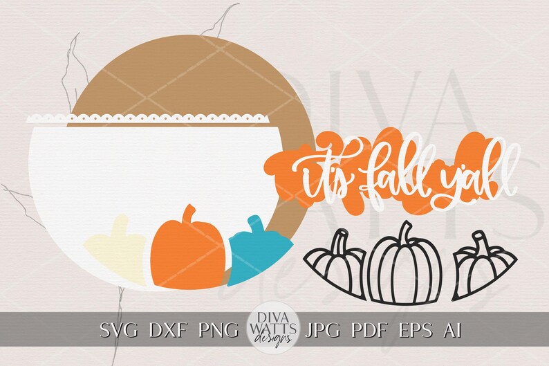 May include: A fall-themed digital design featuring a white bowl with three colorful pumpkins and the phrase "It's fall y'all" in orange and white. The design includes three black pumpkin outlines. The background is a light beige.