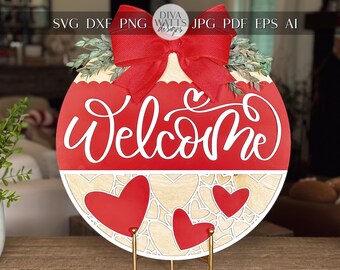 Welcome Sign SVG File, Heart Door Hanger Laser Cut Design, Round Valentine Door Sign, Love SVG for Glowforge, Xtool, Laser Cut File