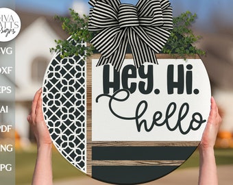 Hey Hi Hello SVG Boho Door Hanger SVG Boho Sign svg Geometric Round svg Welcome Door Hanger svg Boho Style Sign SVG Hello svg Modern svg