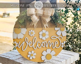 Welcome Sign SVG for Laser Cutters, Floral Door Hanger Design, Daisy Welcome Round, Glowforge Laser File, Summer Porch Decor, Flowers Sign