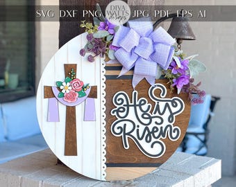 He Is Risen Door Hanger SVG, Easter Cross Laser Cut File, Christian Decor, Religious Sign, Glowforge, Xtool, Laser SVG, Church Decor