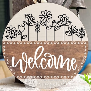 Blommig välkomstrund dörrhängare SVG för laserskärare, folklig blomma veranda skyltdesign, modern lantlig entrédekor, lager-DIY laserfil