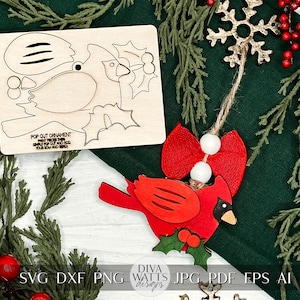 Pop-Out Kardinal Ornament SVG | Laser Cut Weihnachtsvogel Vorlage | DIY Urlaub Andenken | Ornament Bar Design | Verzierung Stab-Verzierung