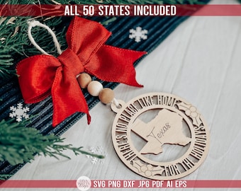 All 50 States Christmas Ornament SVG Laser Cut File | There's No Place Like Home | State Shape Ornament | Laser Ready Holiday Decor SVG