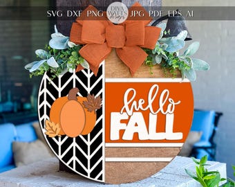 Laser Cut Door Hanger SVG | Hello Fall Pumpkin Sign | DIY Round Fall Decor SVG | Digital Glowforge xTool Cut File | Autumn Porch Sign