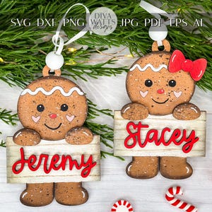 Arquivo SVG Laser de enfeite de gengibre personalizado, enfeite de Natal SVG, etiqueta de nome personalizada, arquivo de corte a laser de feriado