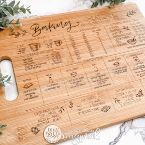 May include: A bamboo baking cheat sheet with engraved text and illustrations. It includes dry measurements, oven temperatures, substitutions, and baking times. The cutting board has a handle and is decorated with floral accents.