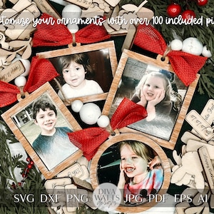 Laser geschnitten Foto Ornament SVG Bundle | Anpassbare Weihnachtsverzierungsrahmen | Über 100 Teile enthalten | Stellen Sie Ihr eigenes Ornament her