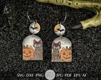 Halloween Cat Earrings SVG | Black Cat / Pumpkin Earrings Cut File | Fall Jewelry Design | Cricut & Glowforge | DIY Halloween Earrings