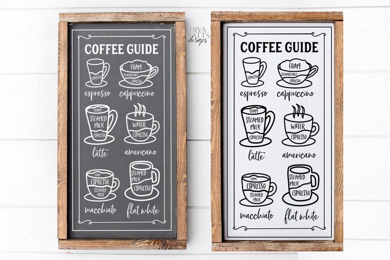 May include: Two framed signs with a black and white coffee guide. The signs list different types of coffee drinks with illustrations of the coffee cups and their ingredients. The signs read "Coffee Guide" and list the drinks: espresso, cappuccino, latte, americano, macchiato, and flat white.