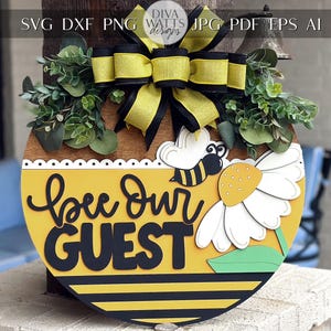 Bee Our Guest Door Hanger SVG, Layered Laser Cut File for Glowforge Xtool, Bumblebee Welcome Sign SVG, 3D Round Door Sign