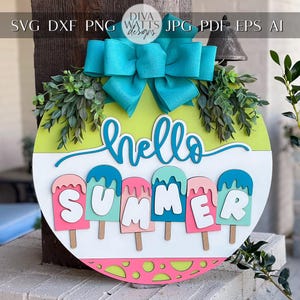 Hello Summer Door Hanger SVG Laser File | Popsicle Summer Sign | Glowforge Cut File | DIY Round Door Sign | Layered Laser Design