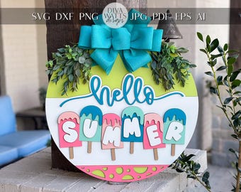 Hello Summer Door Hanger SVG Laser File | Popsicle Summer Sign | Glowforge Cut File | DIY Round Door Sign | Layered Laser Design
