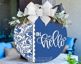 Round Door Hanger SVG Chinoiserie Oh Hello Welcome Sign, Floral Bird Laser Cut File for Front Door Decor, Glowforge Ready