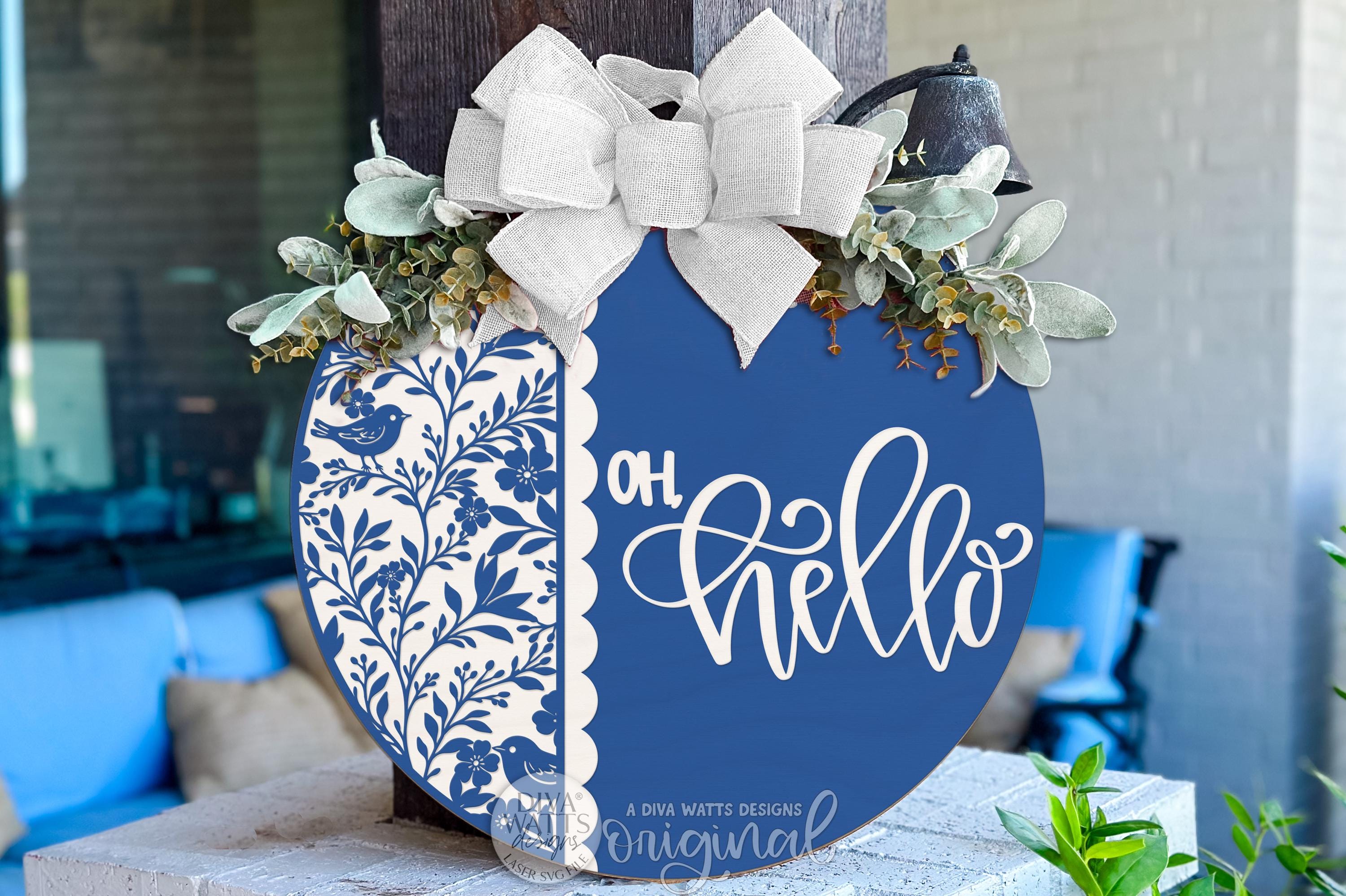 Round Door Hanger SVG Chinoiserie Oh Hello Welcome Sign, Floral