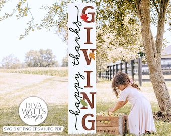 May include: A white wooden sign with the words "happy thanks giving" written in brown cursive script. The letters are large and red with fall leaves in the corners of each letter.