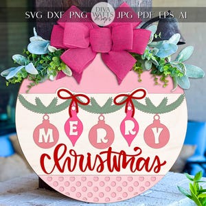 Laser Cut Door Hanger SVG | Merry Christmas Ornament Round Sign | Layered Rustic Template | Holiday Porch Décor SVG for Glowforge xTool