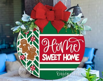 Home Sweet Home Gingerbread SVG Round Door Hanger | Christmas Laser Cut File for Glowforge xTool OMTech | Holiday Porch Sign