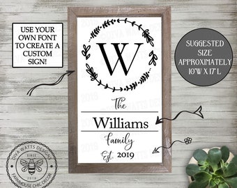 SVG Monogram Last Name Sign | Cutting File | Instant Download | Farmhouse Rustic Wreath | DXF PNG eps | Vinyl Download | You Customize