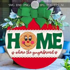 Laser Cut Gingerbread Home SVG | Christmas Round Door Hanger Sign Template | Holiday Laser Cut File for Glowforge xTool | Porch Décor