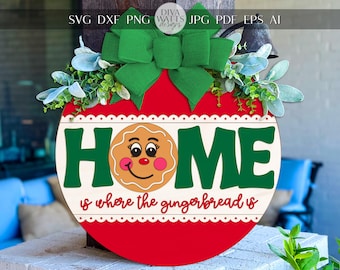 Laser Cut Gingerbread Home SVG | Christmas Round Door Hanger Sign Template | Holiday Laser Cut File for Glowforge xTool | Porch Décor
