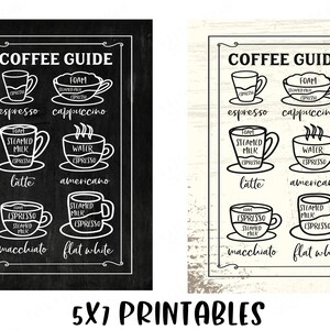 May include: Two black and white printable coffee guides with illustrations of different coffee drinks and their ingredients. The guides are labeled "Coffee Guide" and include the drinks: espresso, cappuccino, latte, americano, macchiato, and flat white.