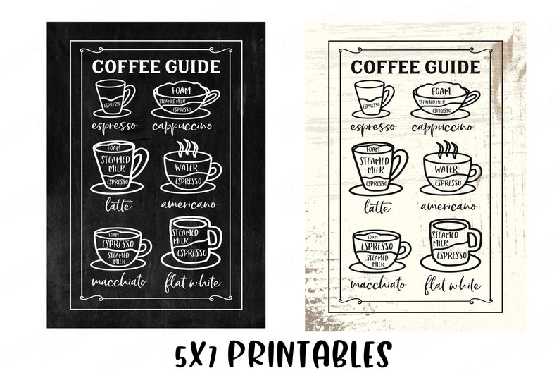 May include: Two black and white printable coffee guides with illustrations of different coffee drinks and their ingredients. The guides are labeled "Coffee Guide" and include the drinks: espresso, cappuccino, latte, americano, macchiato, and flat white.