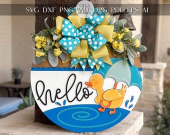 Hello Duck Rainy Day Door Hanger SVG, arquivo de corte a laser em camadas 3D, placa de varanda de primavera, placa de guarda-chuva de patinho fofo, arquivo de corte Glowforge xTool